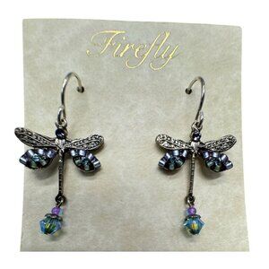 Dragonfly Drop Earrings With Crystals By Firefly 6625 AQ Aqua pierced READ